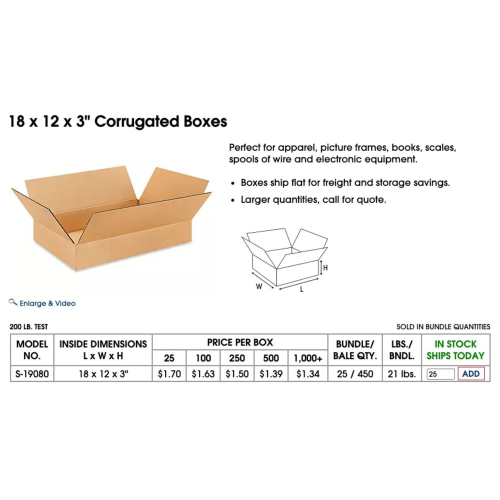 Lot 5 X ULINE 18 x 12 x 3" Corrugated Shipping Box S-19080 reseller marketplace